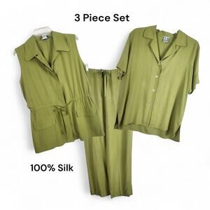Vintage Clio 3 Piece Green Silk Pant Set Medium Monochrome Vacation Resort 8 10